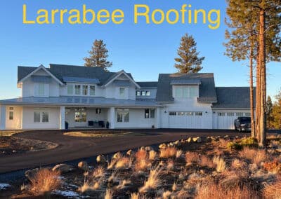 Modern house with Larrabee Roofing logo, surrounded by trees and landscaped driveway.