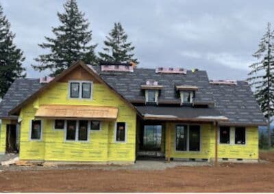 Newly constructed home with yellow exterior and gray roof, surrounded by trees.