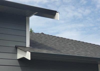 Gray house exterior with a modern roofline and white trim under a partly cloudy sky.