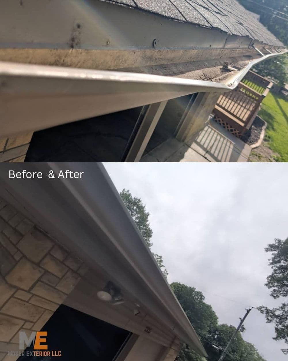 Before and after roof gutter cleaning showing improved cleanliness and maintenance.