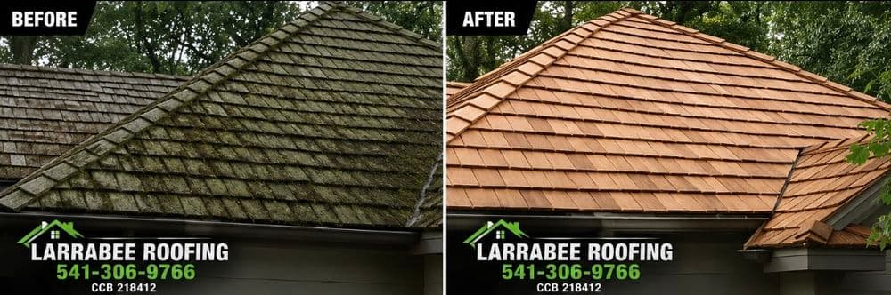 Before and after roof cleaning by Larrabee Roofing, showcasing impressive transformation.