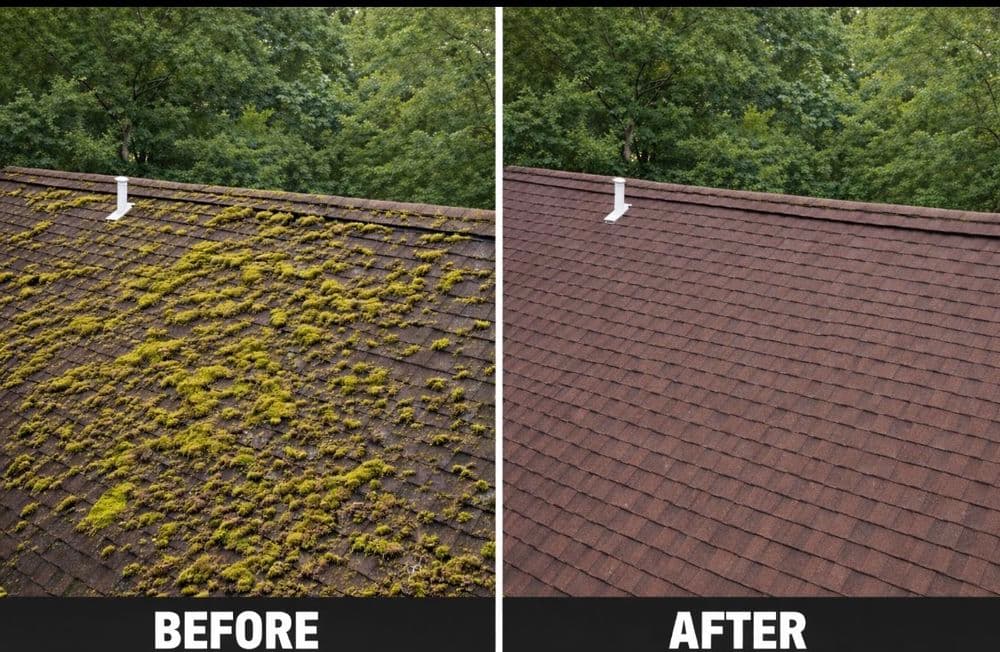 Before and after roof cleaning showing significant moss removal and improved appearance.