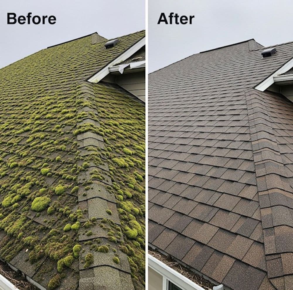 Roof cleaning transformation: before with moss and after with clean shingles.