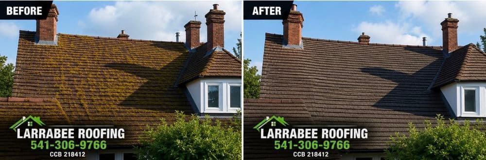 Roof cleaning transformation by Larrabee Roofing: before with moss, after spotless shingles.