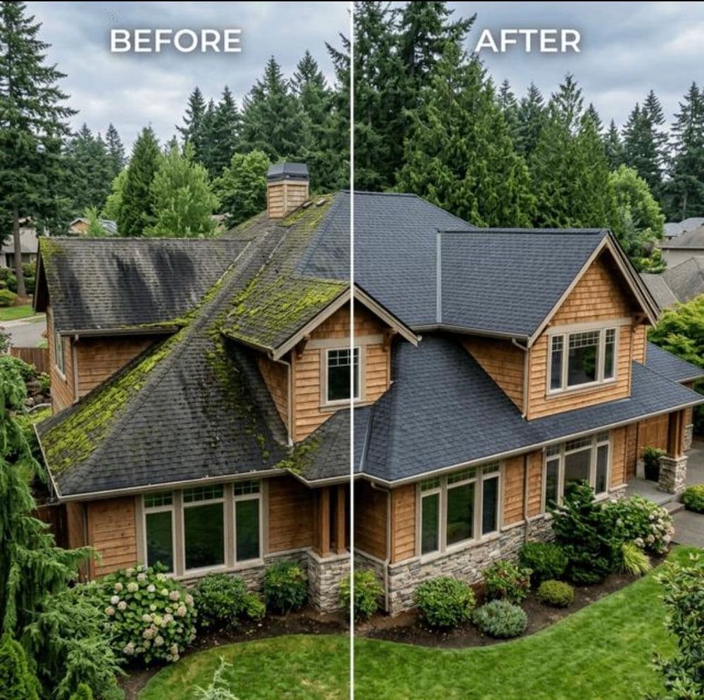 Before and after of a house roof renovation, showing clean shingles and improved aesthetics.