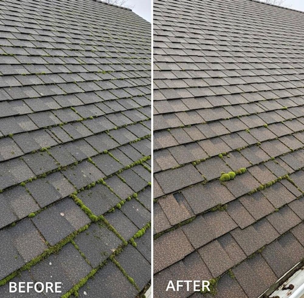 Before and after comparison of a moss-covered roof showing cleaning results.