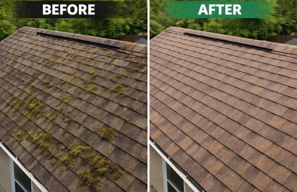 Before and after roof cleaning showing moss removal and improved shingles.