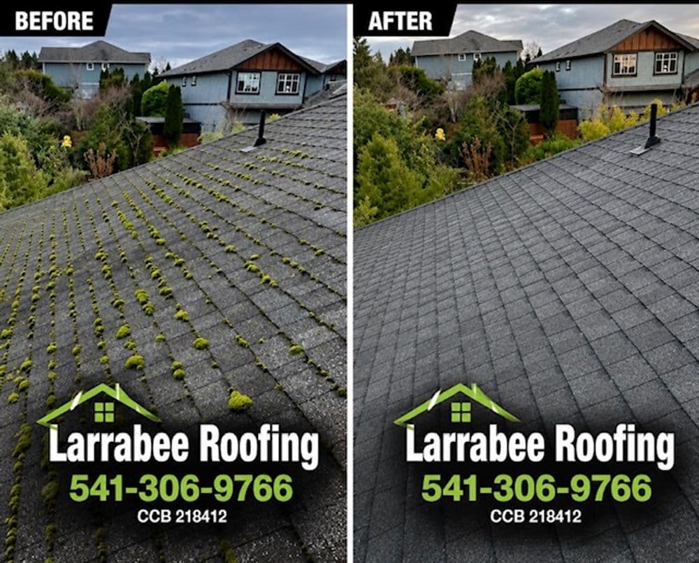 Before and after roof cleaning by Larrabee Roofing, showcasing improved shingles and curb appeal.